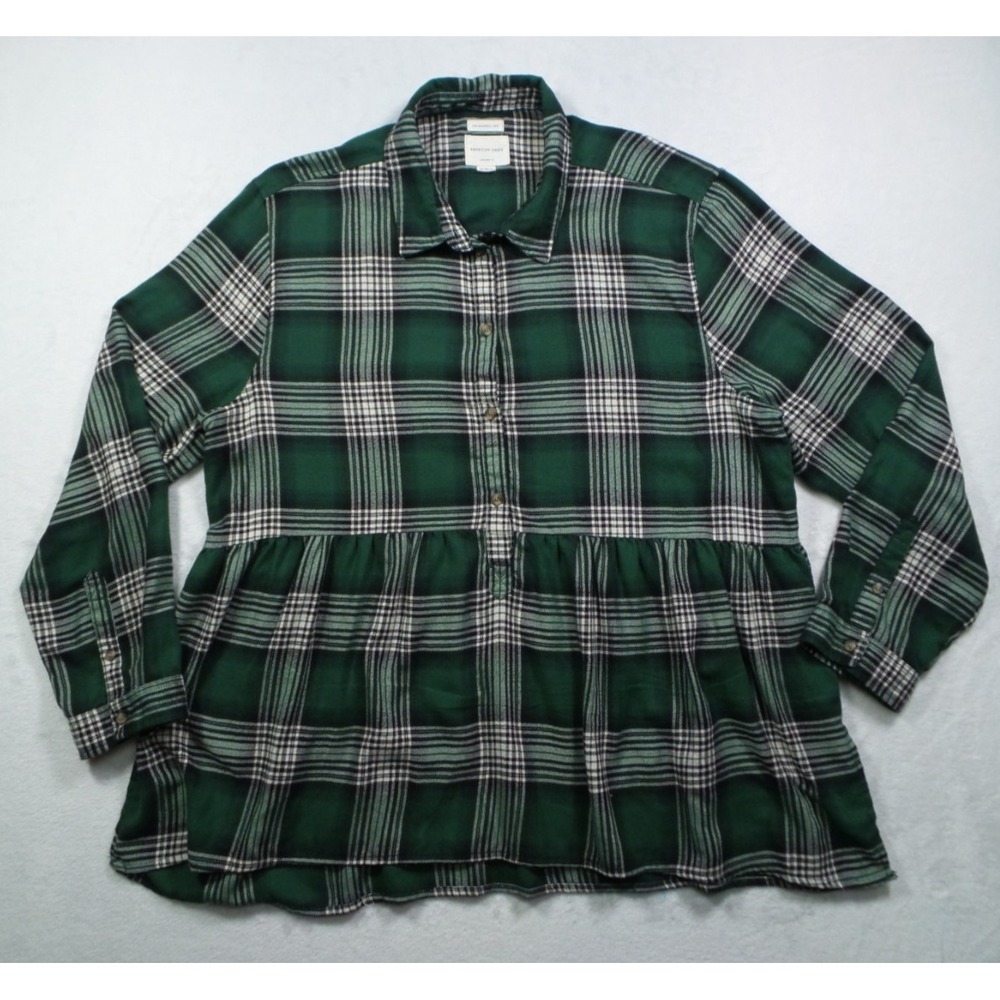 American Eagle Top Womens Size XXL Green Plaid Babydoll Pullover Long Sleeve